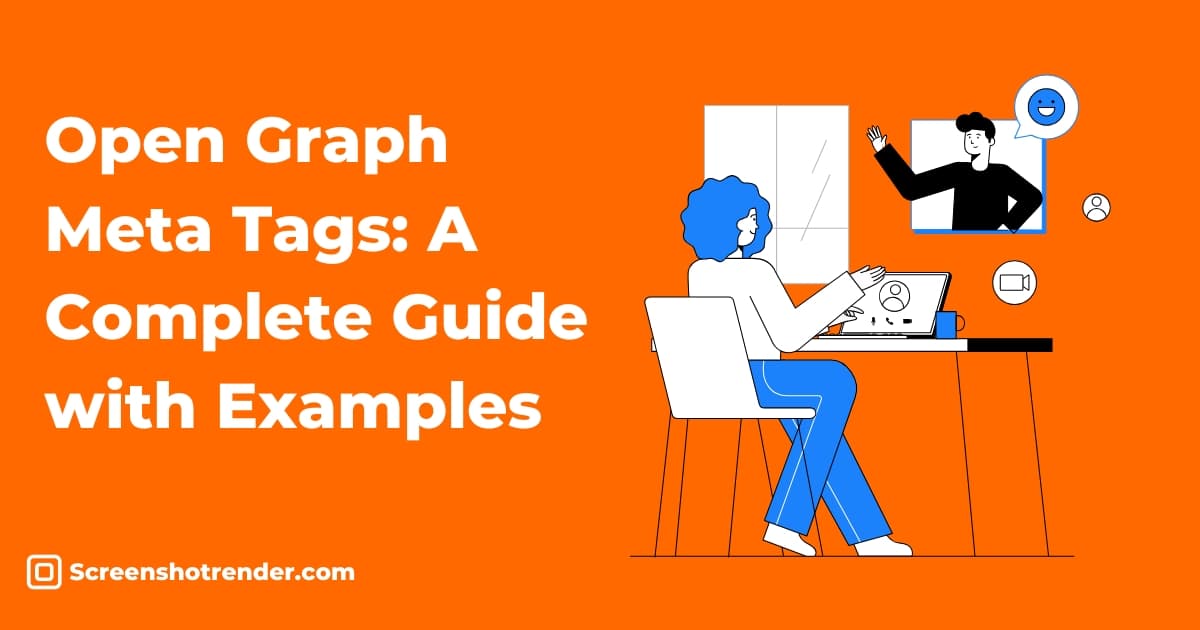Orange minimalist illustration of Open Graph meta tags rendering a social share card