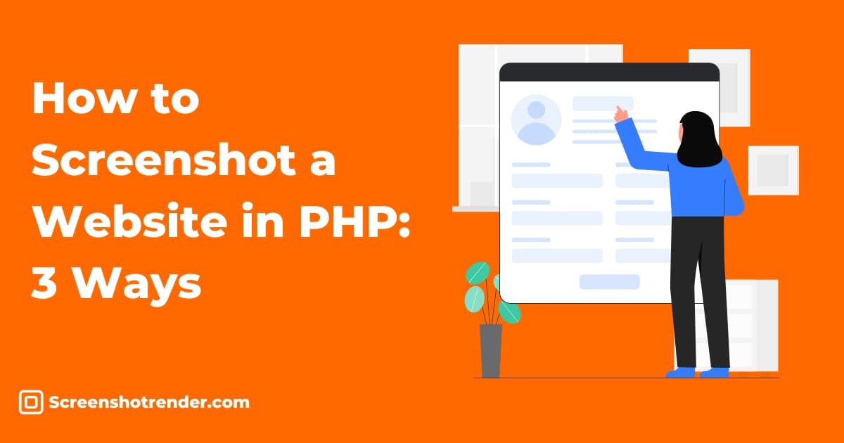 Orange minimalist illustration of PHP code turning a URL into a screenshot
