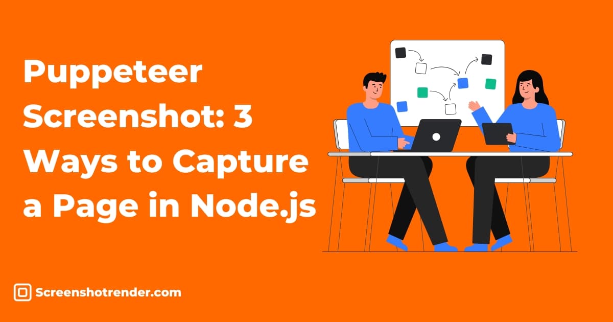 Orange minimalist illustration of a Node.js script turning a URL into a full page screenshot
