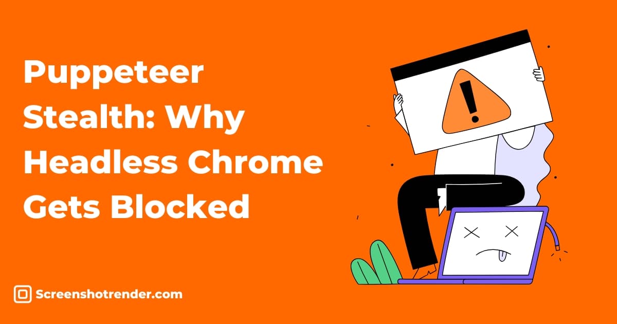 Orange minimalist illustration of a headless Chrome browser being flagged by a bot detection system