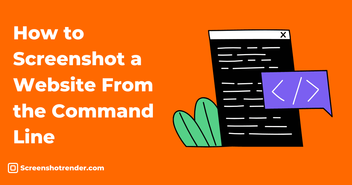 Illustration of a black terminal window filled with command lines beside a purple code bracket speech bubble on an orange background